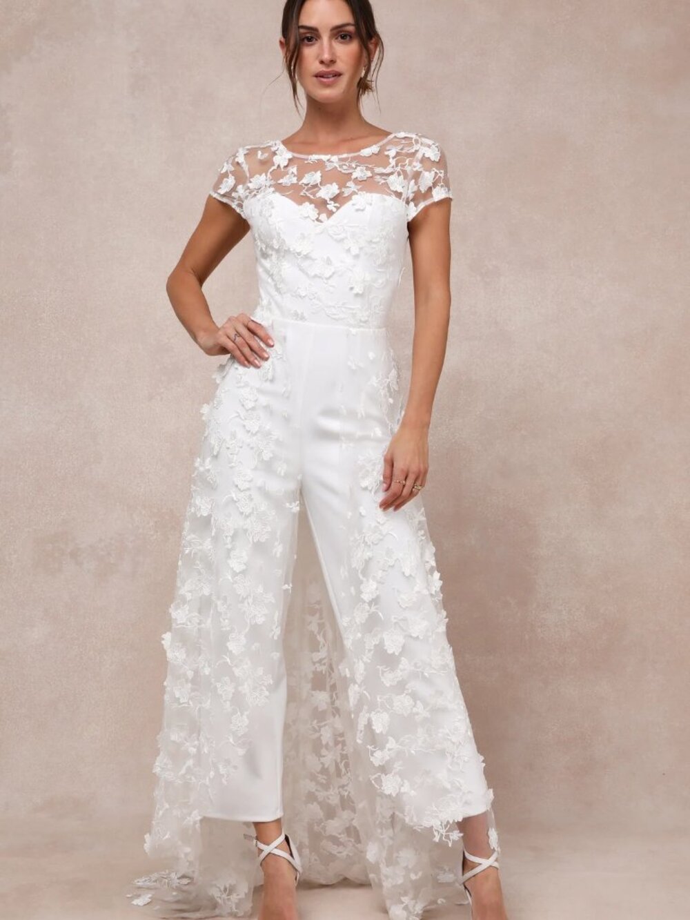 Lulus Sophisticated Passion White Floral Embroidered Overlay Jumpsuit Size Large - Picture 2 of 3